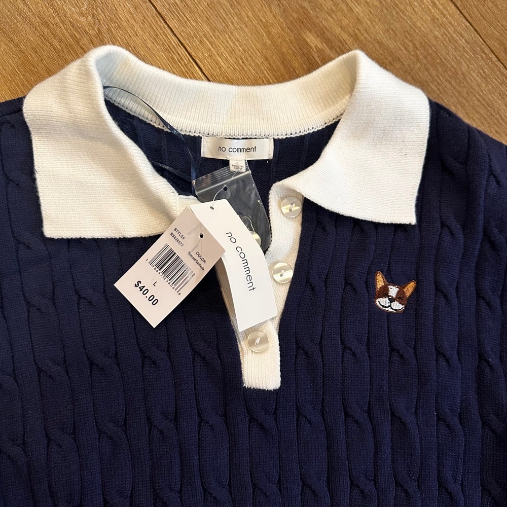 No Comment Women Cable Knit Polo Sweater Frenchie Patch Navy White Large NWT